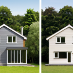 **

> A split-screen image. On one side, depict an older house with poor insulation, energy leaking out (e.g., visible heat waves). On the other side, show a modern, well-insulated house with solar panels on the roof, surrounded by lush greenery. The tagline: "Sustainable Choices: It Starts at Home." Focus on visual contrast illustrating the difference between energy waste and efficiency.

**