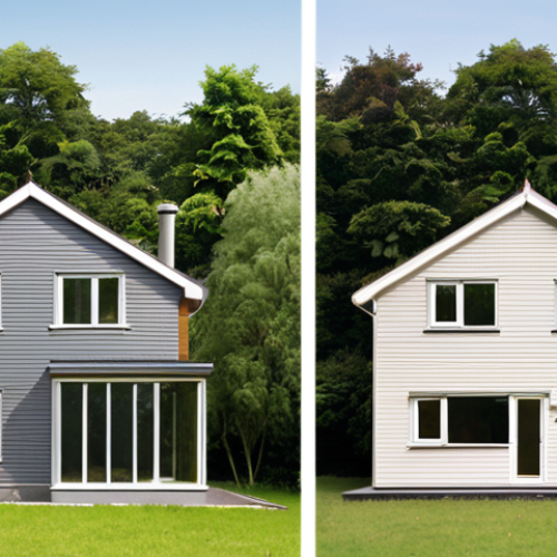 Home 15 **
> A split-screen image. On one side, depict an older house with poor insulation, energy leaking out (e.g., visible heat waves). On the other side, show a modern, well-insulated house with solar panels on the roof, surrounded by lush greenery. The tagline: "Sustainable Choices: It Starts at Home." Focus on visual contrast illustrating the difference between energy waste and efficiency.
**