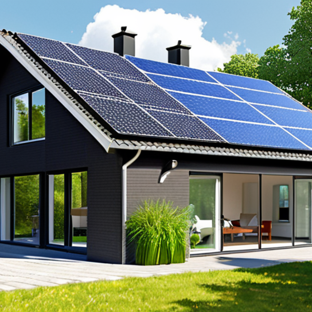 **Prompt:** A modern Dutch home with solar panels on the roof, a sleek air/water heat pump visible outside, and a digital display inside showing energy savings in Euros. Sunny day, green environment. Style: realistic, promotional.