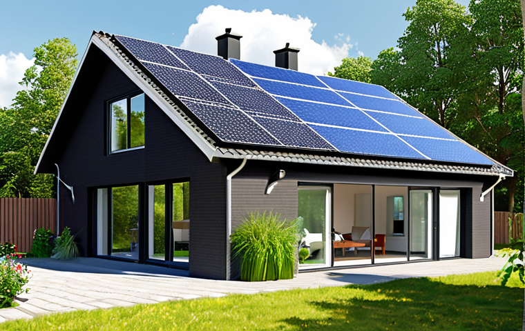 **Prompt:** A modern Dutch home with solar panels on the roof, a sleek air/water heat pump visible outside, and a digital display inside showing energy savings in Euros. Sunny day, green environment. Style: realistic, promotional.