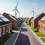 **A street in a Dutch neighborhood with solar panels on almost every roof, and a few wind turbines in the distance. The scene should convey a sense of community and sustainable living.**