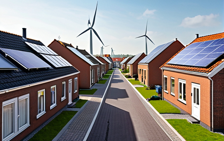 **A street in a Dutch neighborhood with solar panels on almost every roof, and a few wind turbines in the distance. The scene should convey a sense of community and sustainable living.**